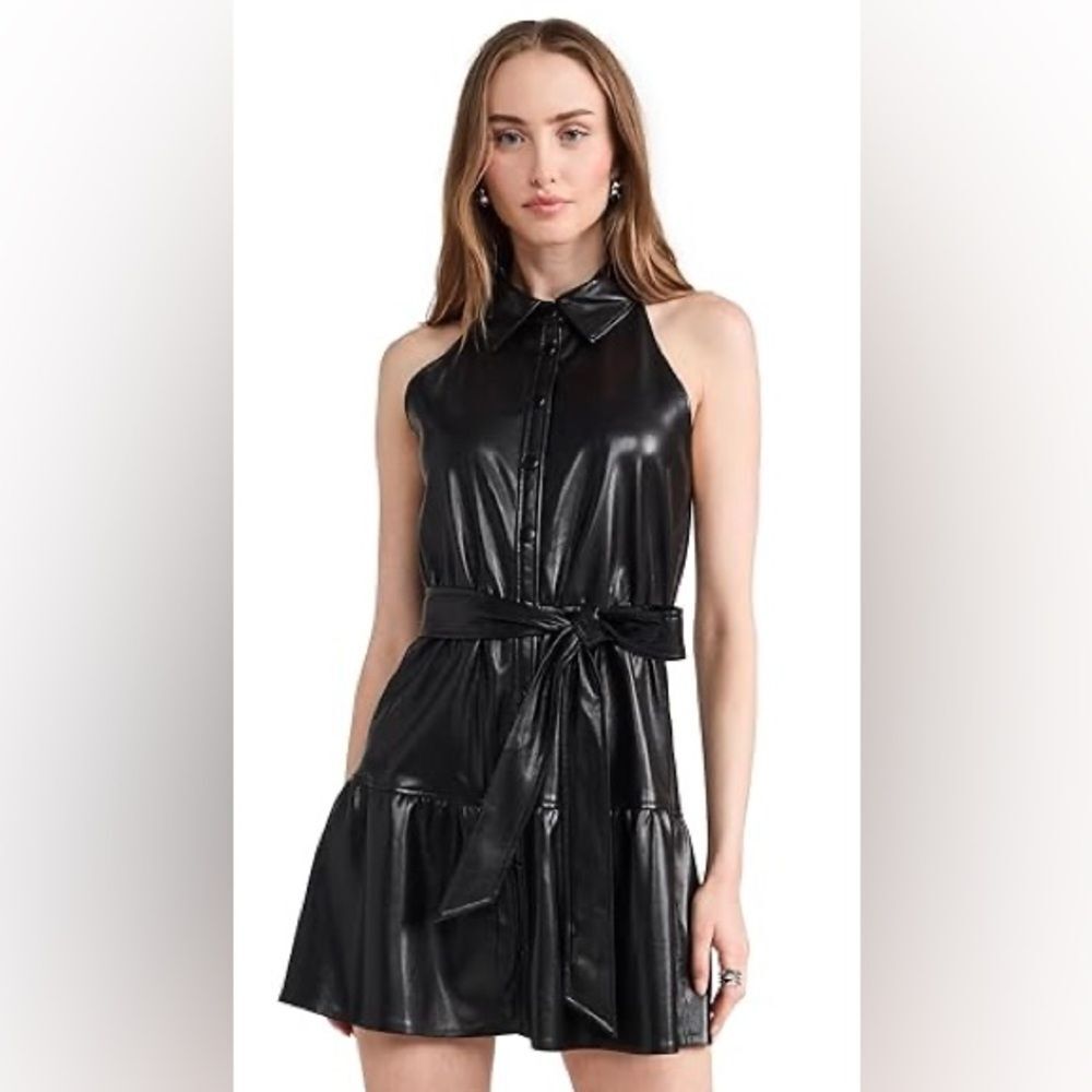 Alice + Olivia Faux Leather Halter Dress Dark Femme, Runway It-Girl Statement